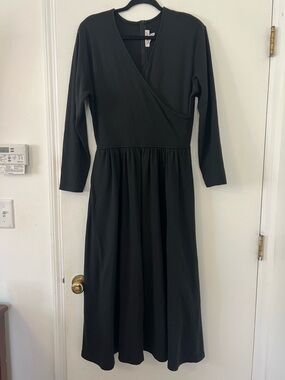Talbots cotton Black Wrap-Front Midi Dress Long Sleeve size L